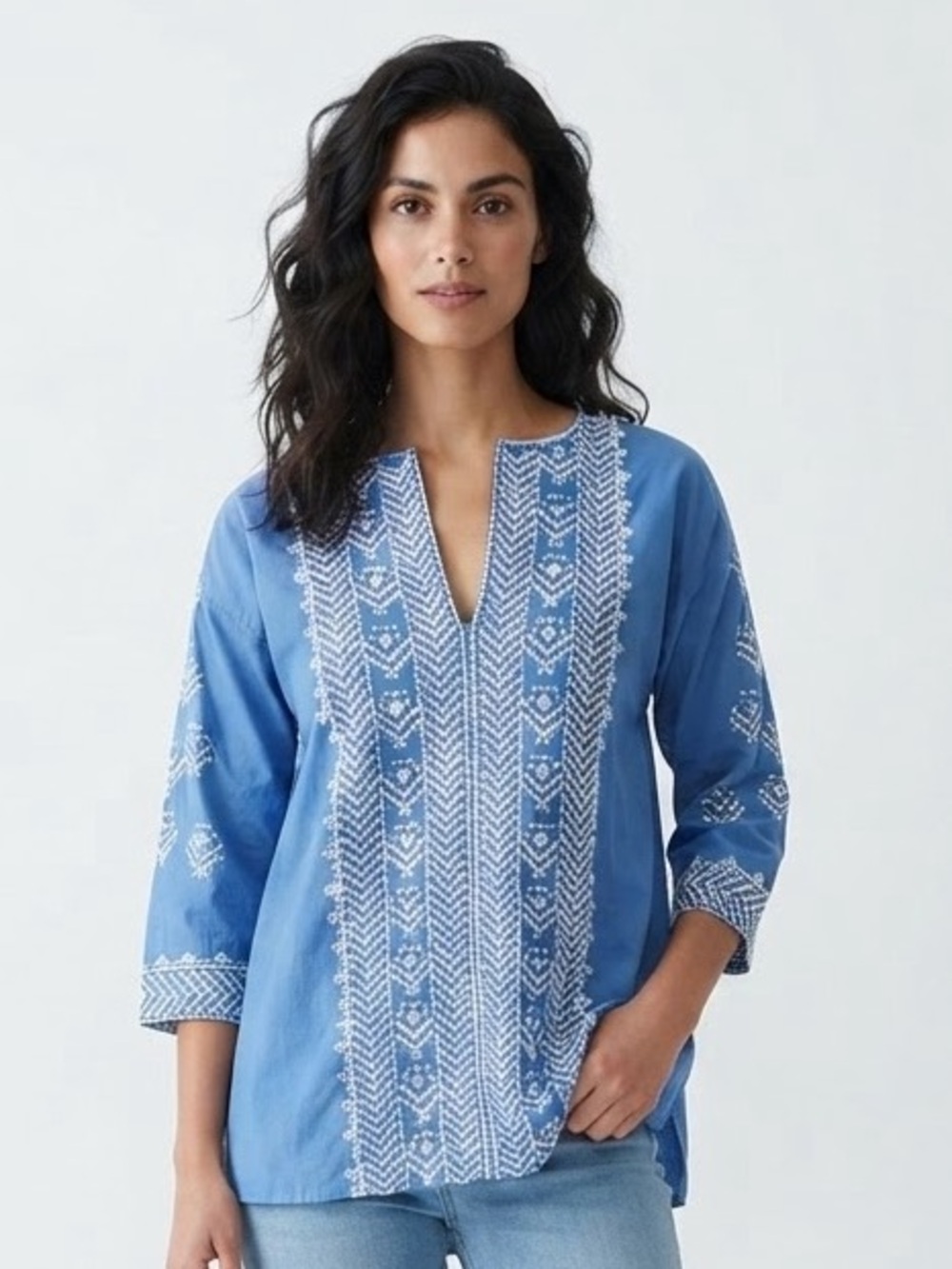 Roberta Roller Rabbit Blue & White Embroidered Cotton V-Neck Tunic Top Size XS